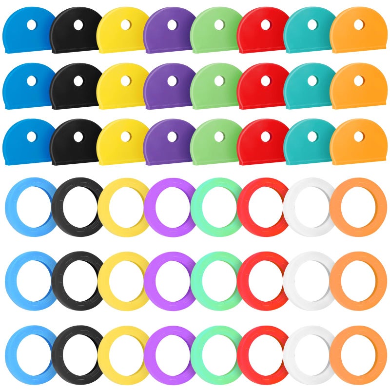 Vibit 48 Pack Key Cap Tags Set in 8 Assorted Colors Plastic Key Identifier Coding Label Covers for Standard Flat House Keys, 2 Styles - Image 1
